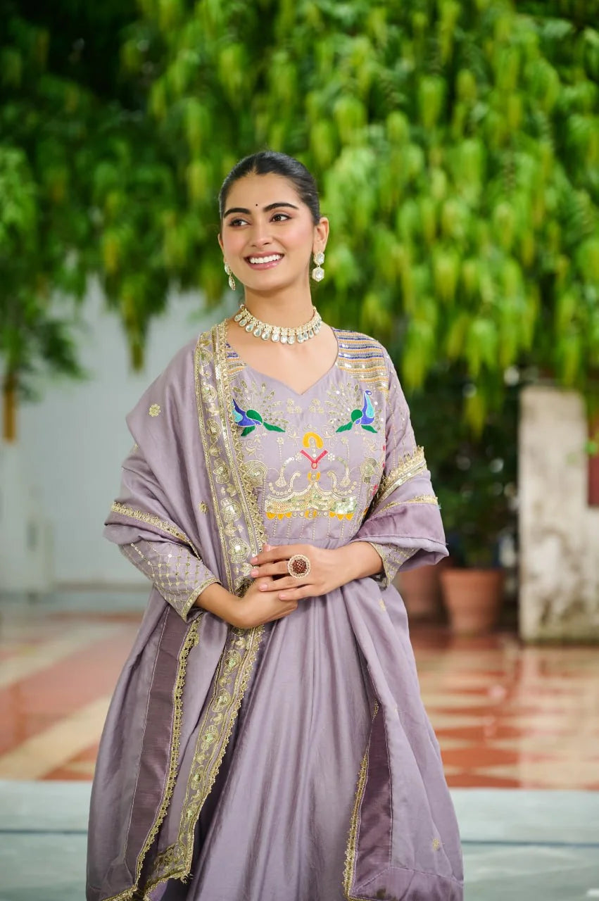 Elegant Vichitra Silk Gown Set with Rich Embroidery & Dupatta