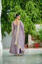 Elegant Vichitra Silk Gown Set with Rich Embroidery & Dupatta