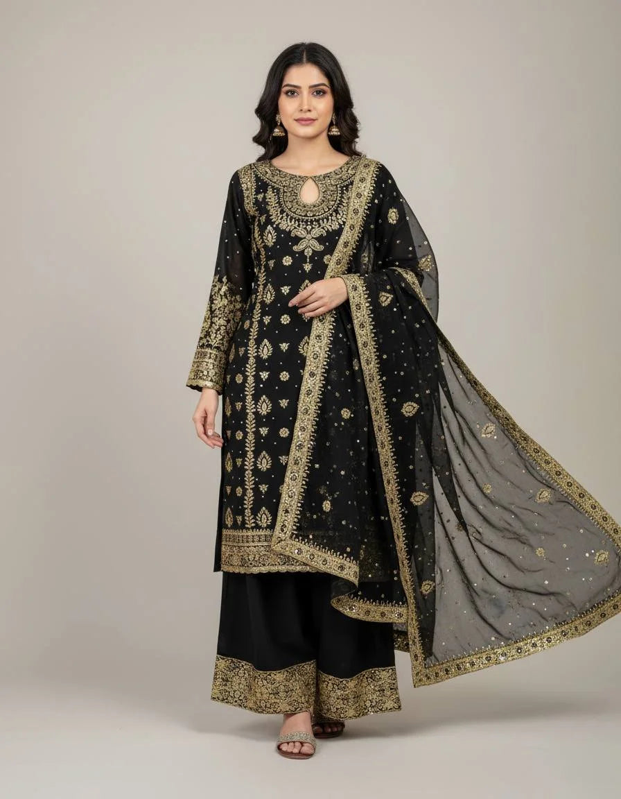 Stunning Heavy Embroidered Georgette Three-Piece Set