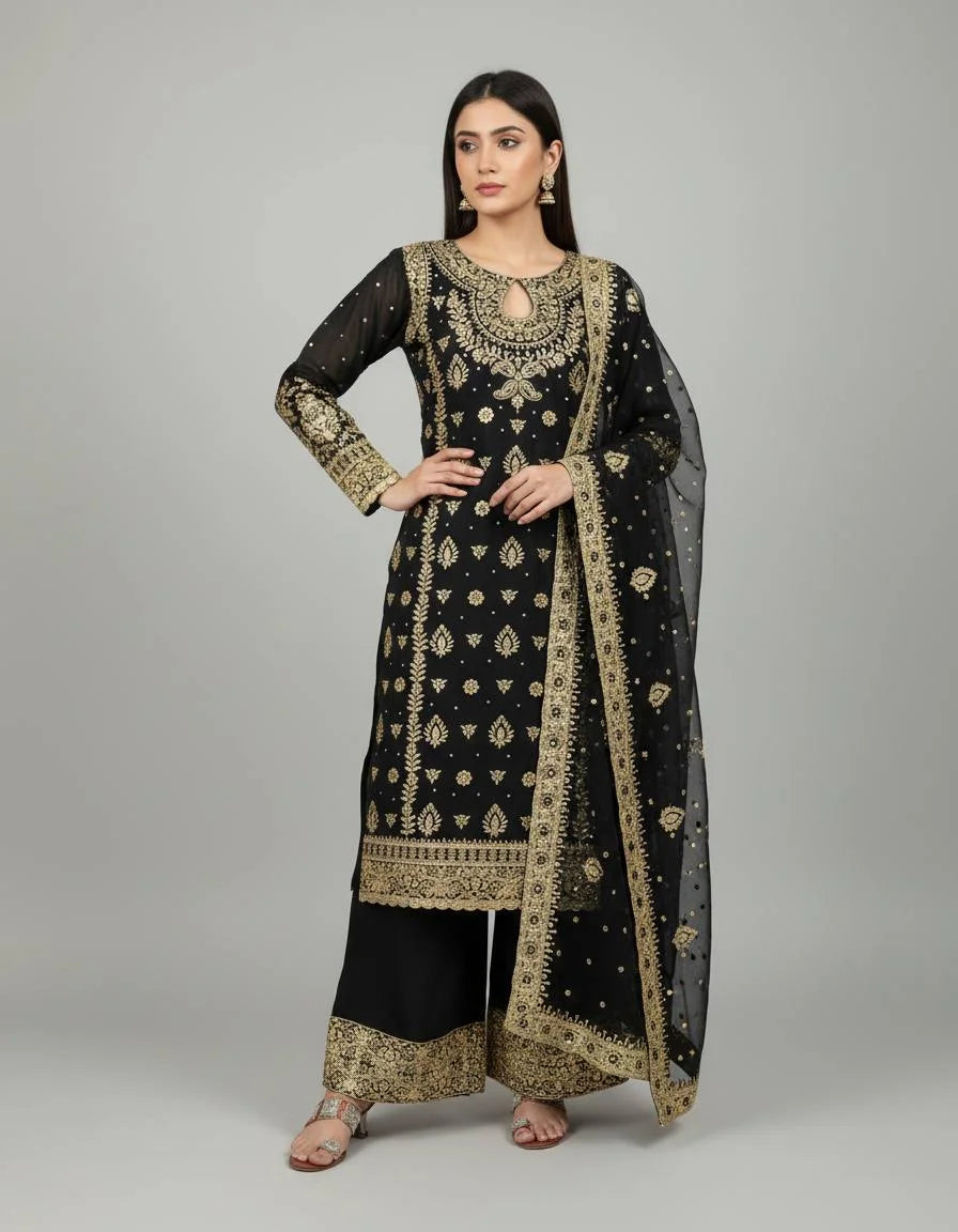 Stunning Heavy Embroidered Georgette Three-Piece Set
