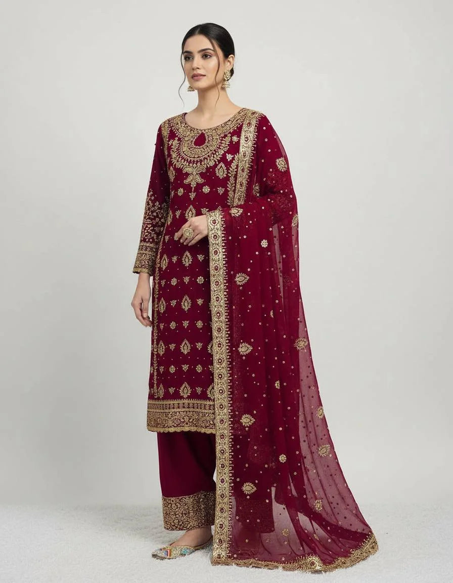 Festive Faux Georgette Embroidery Set with Dupatta