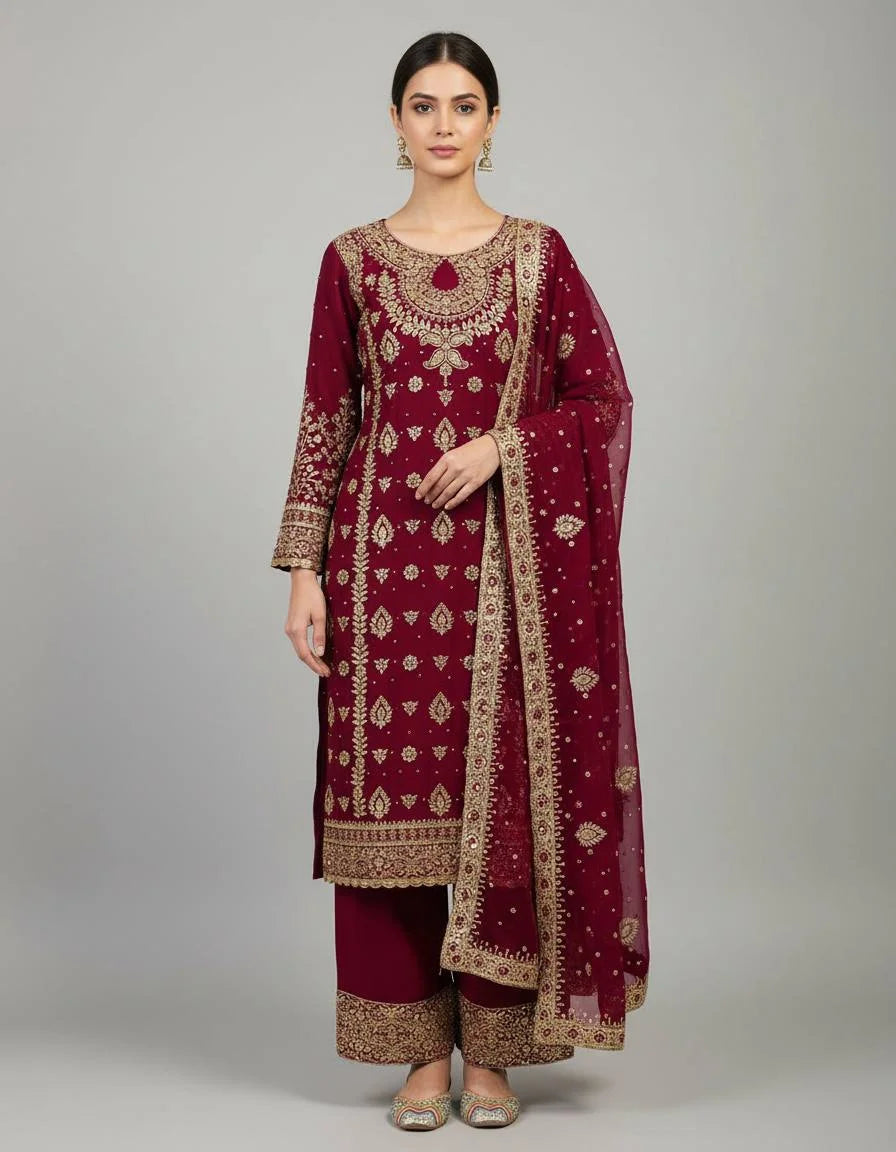 Festive Faux Georgette Embroidery Set with Dupatta