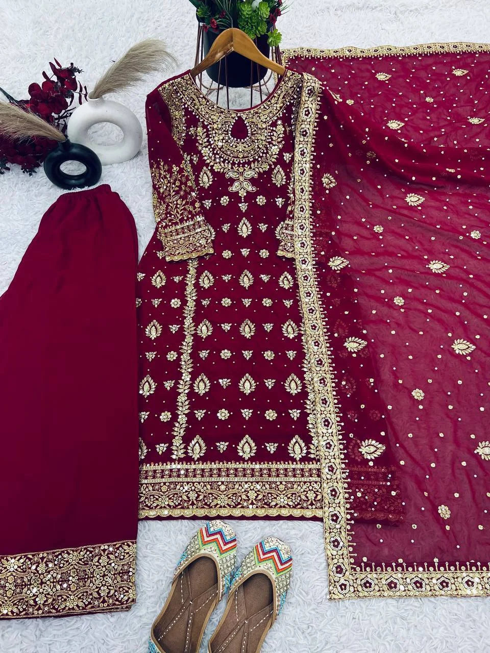 Festive Faux Georgette Embroidery Set with Dupatta