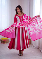 Roman Silk Embroidered Gown Set With Digital Print & Chinon Dupatta