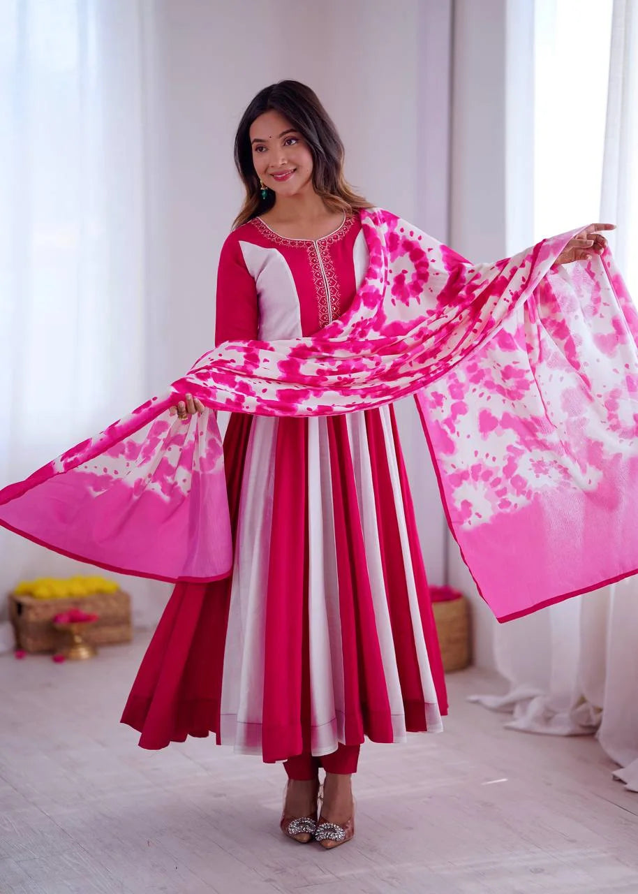 Roman Silk Embroidered Gown Set With Digital Print & Chinon Dupatta