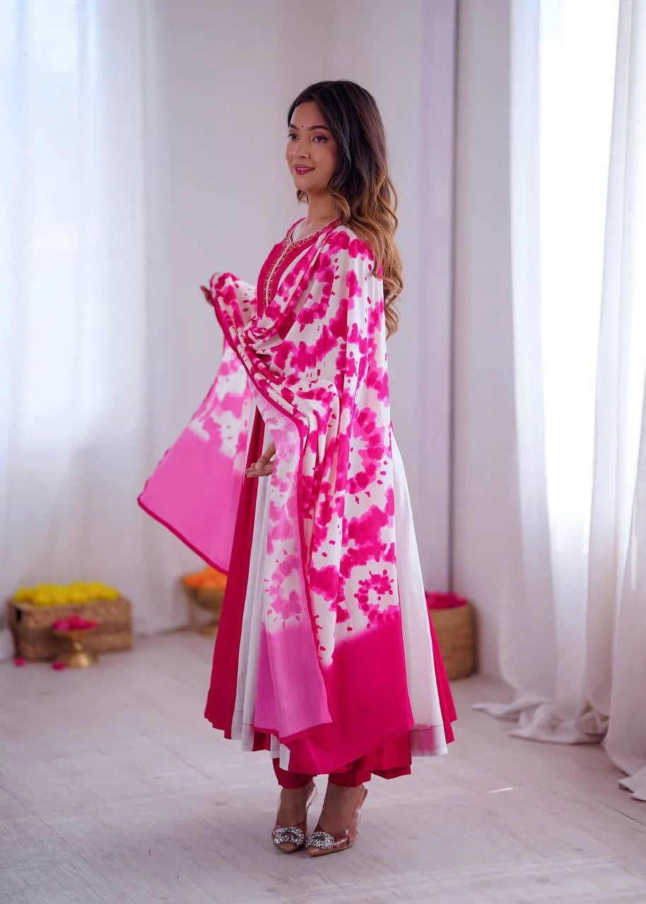 Roman Silk Embroidered Gown Set With Digital Print & Chinon Dupatta