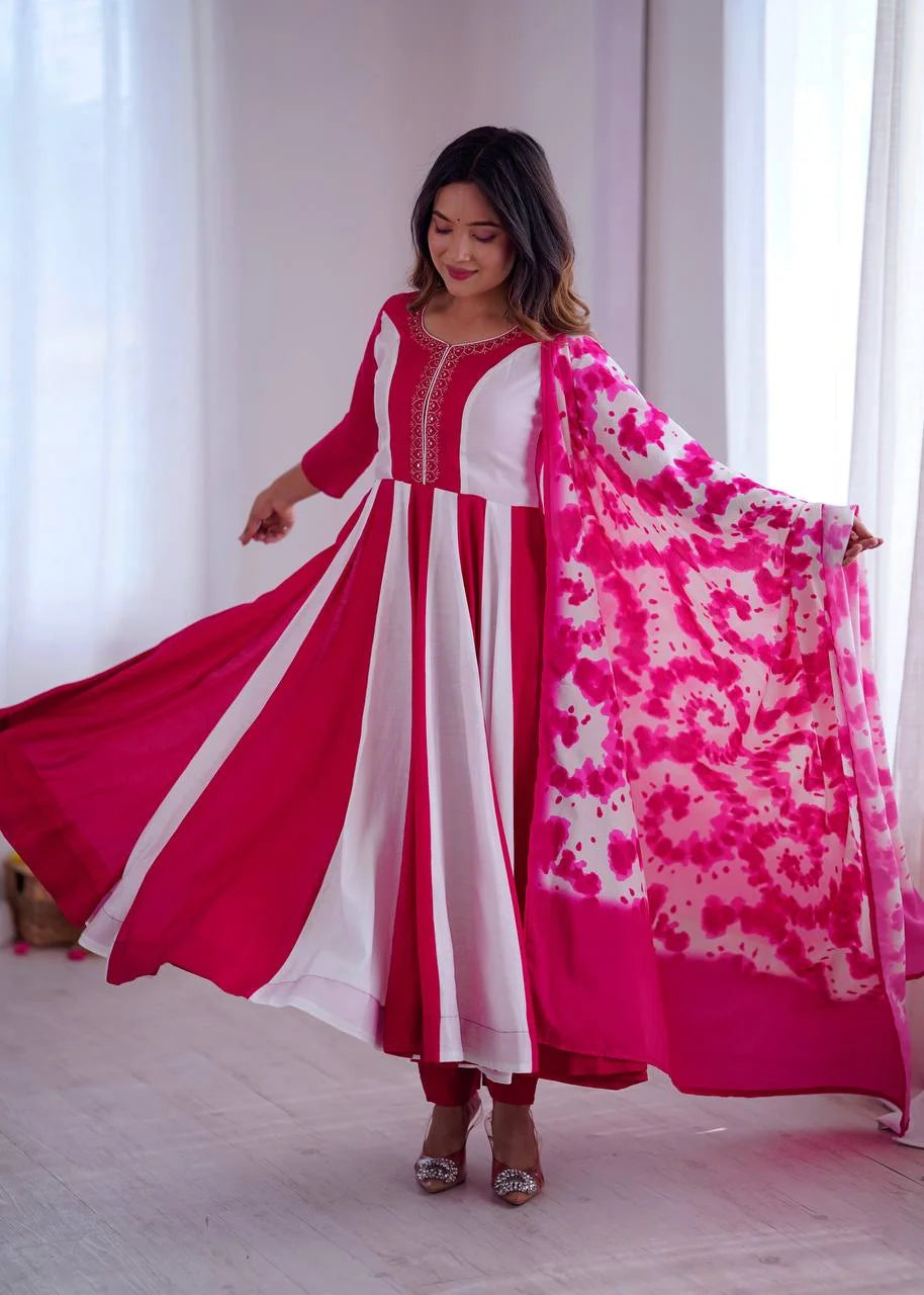 Roman Silk Embroidered Gown Set With Digital Print & Chinon Dupatta