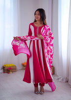 Roman Silk Embroidered Gown Set With Digital Print & Chinon Dupatta