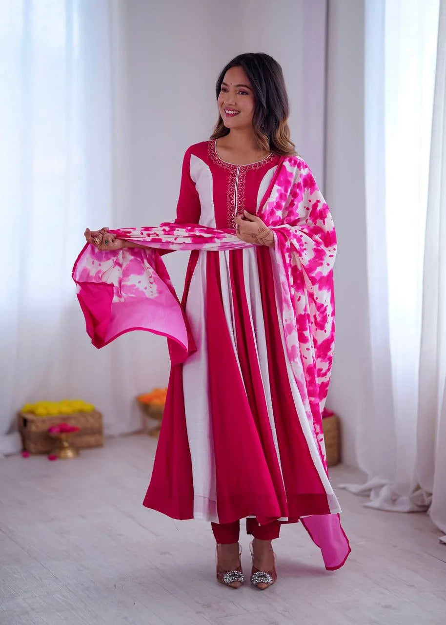 Roman Silk Embroidered Gown Set With Digital Print & Chinon Dupatta