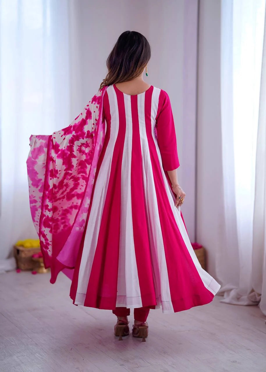 Roman Silk Embroidered Gown Set With Digital Print & Chinon Dupatta