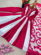Roman Silk Embroidered Gown Set With Digital Print & Chinon Dupatta