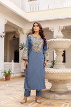 Summer Style Edit: Denim Cotton Kurti Set with Heavy Embroidery & Lace Work