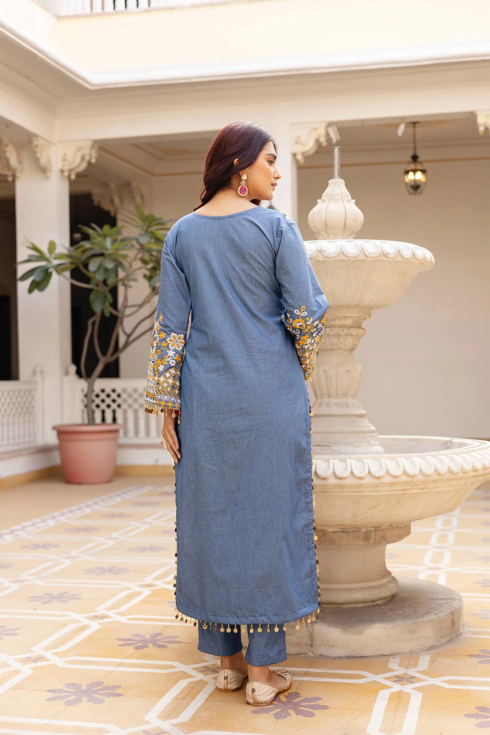 Summer Style Edit: Denim Cotton Kurti Set with Heavy Embroidery & Lace Work