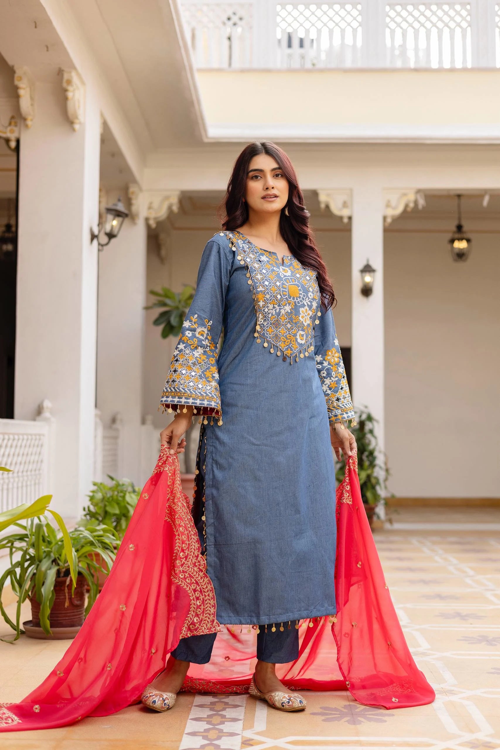Summer Style Edit: Denim Cotton Kurti Set with Heavy Embroidery & Lace Work