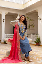 Summer Style Edit: Denim Cotton Kurti Set with Heavy Embroidery & Lace Work