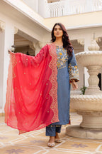 Summer Style Edit: Denim Cotton Kurti Set with Heavy Embroidery & Lace Work