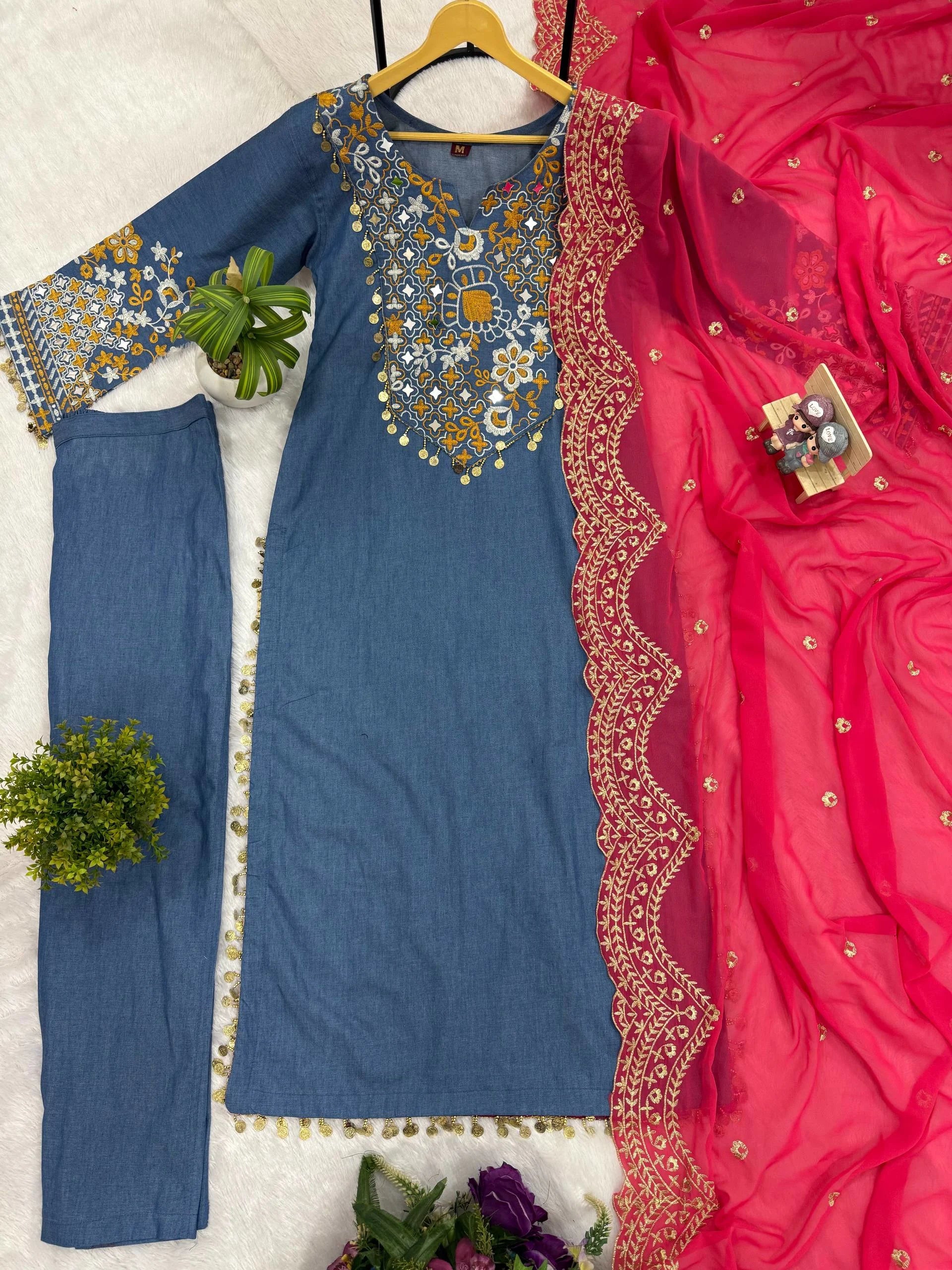 Summer Style Edit: Denim Cotton Kurti Set with Heavy Embroidery & Lace Work