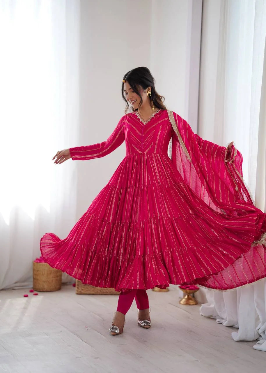 Mal Chanderi Ruffle Gown Set with Real Mirror Handwork