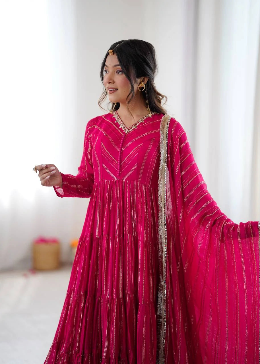 Mal Chanderi Ruffle Gown Set with Real Mirror Handwork