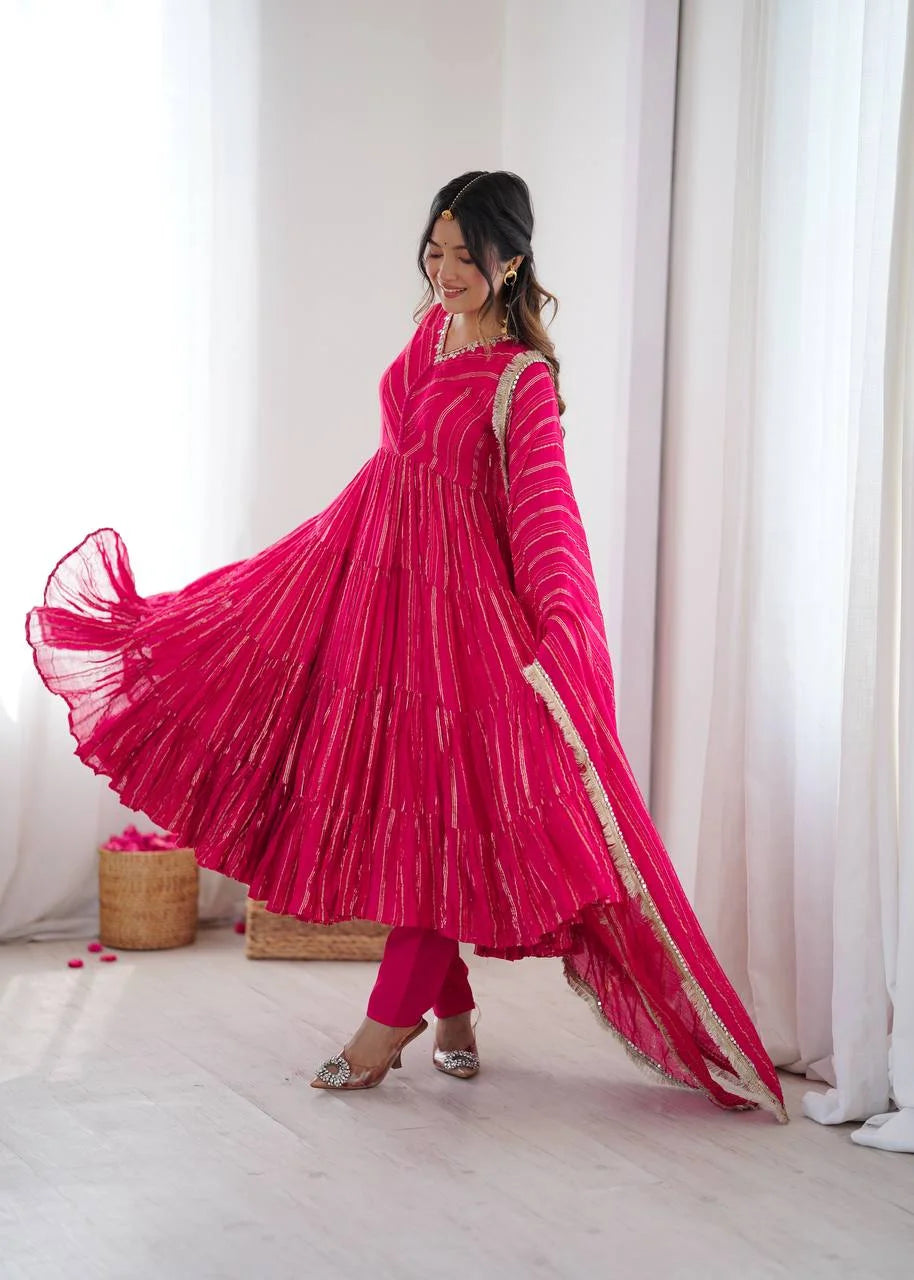 Mal Chanderi Ruffle Gown Set with Real Mirror Handwork