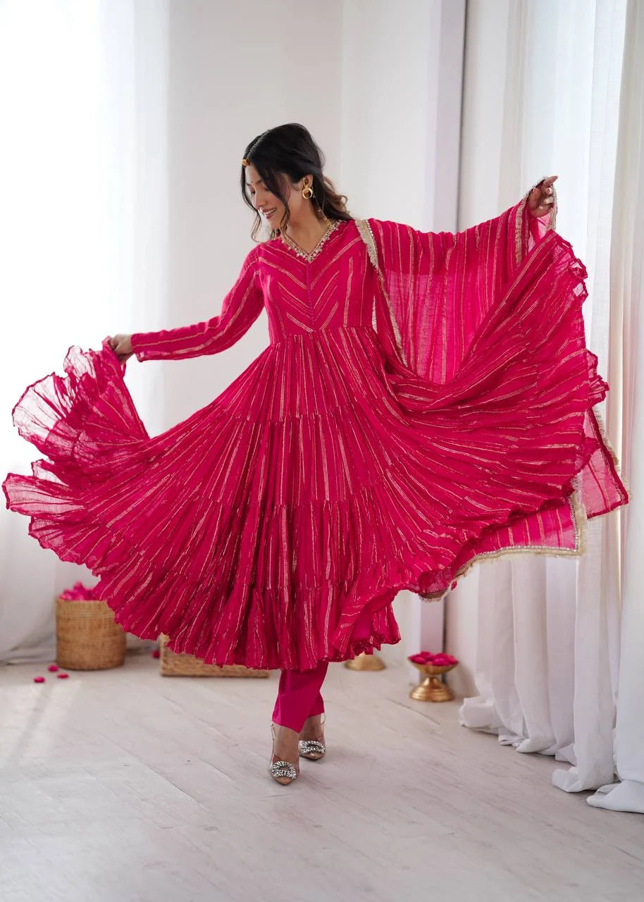 Mal Chanderi Ruffle Gown Set with Real Mirror Handwork