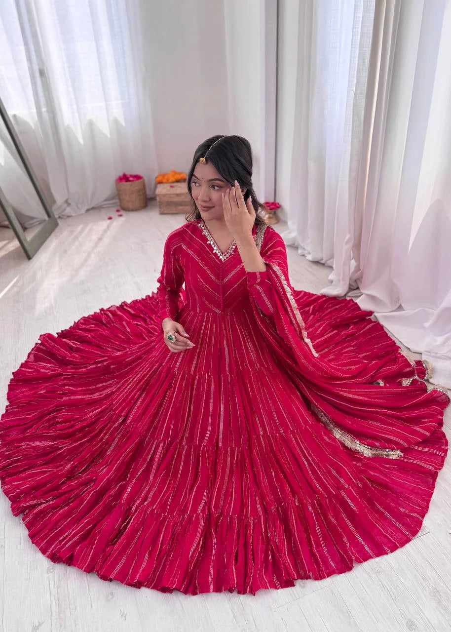 Mal Chanderi Ruffle Gown Set with Real Mirror Handwork