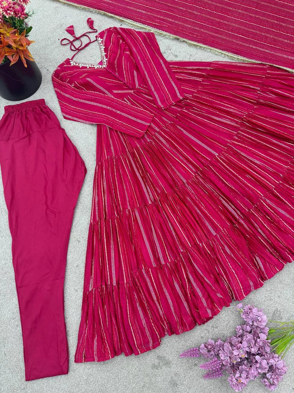 Mal Chanderi Ruffle Gown Set with Real Mirror Handwork