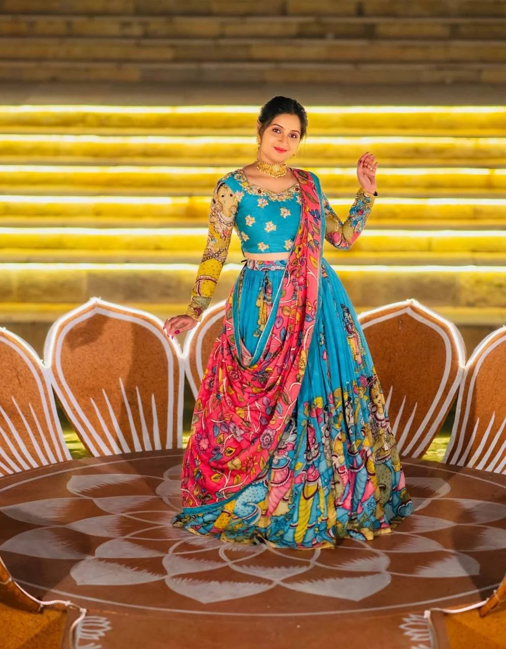 Premium Riyon Cotton Kalamkari Lehenga Choli Set