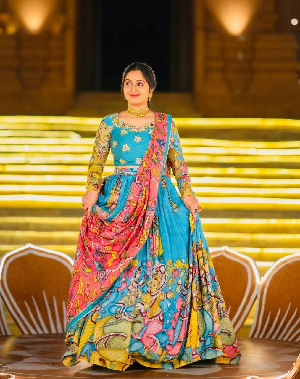 Premium Riyon Cotton Kalamkari Lehenga Choli Set