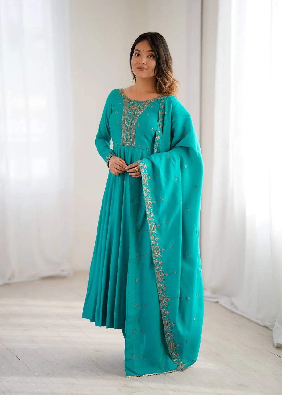 Designer Handwork Chanderi Silk Anarkali Set
