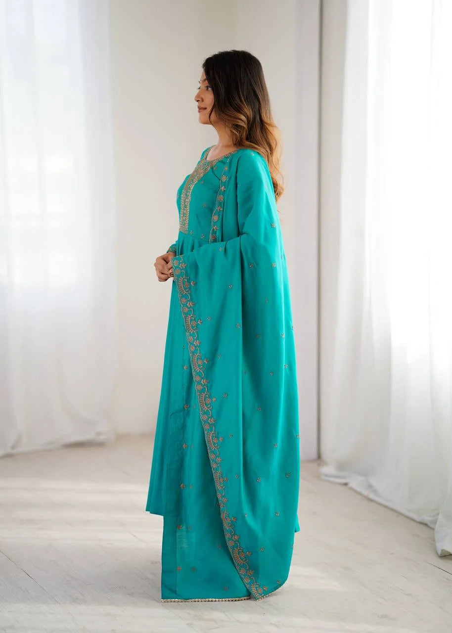 Designer Handwork Chanderi Silk Anarkali Set