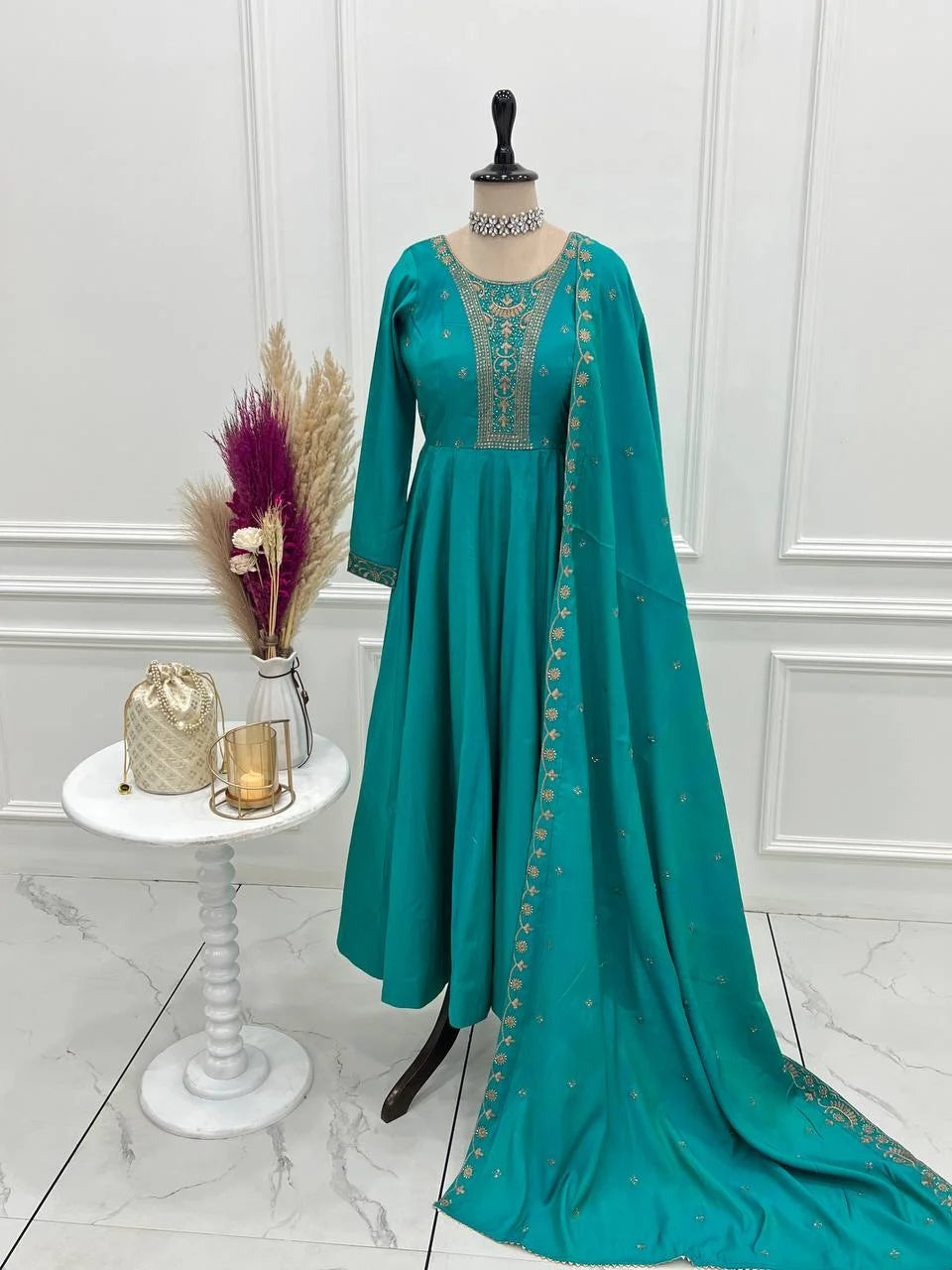 Designer Handwork Chanderi Silk Anarkali Set