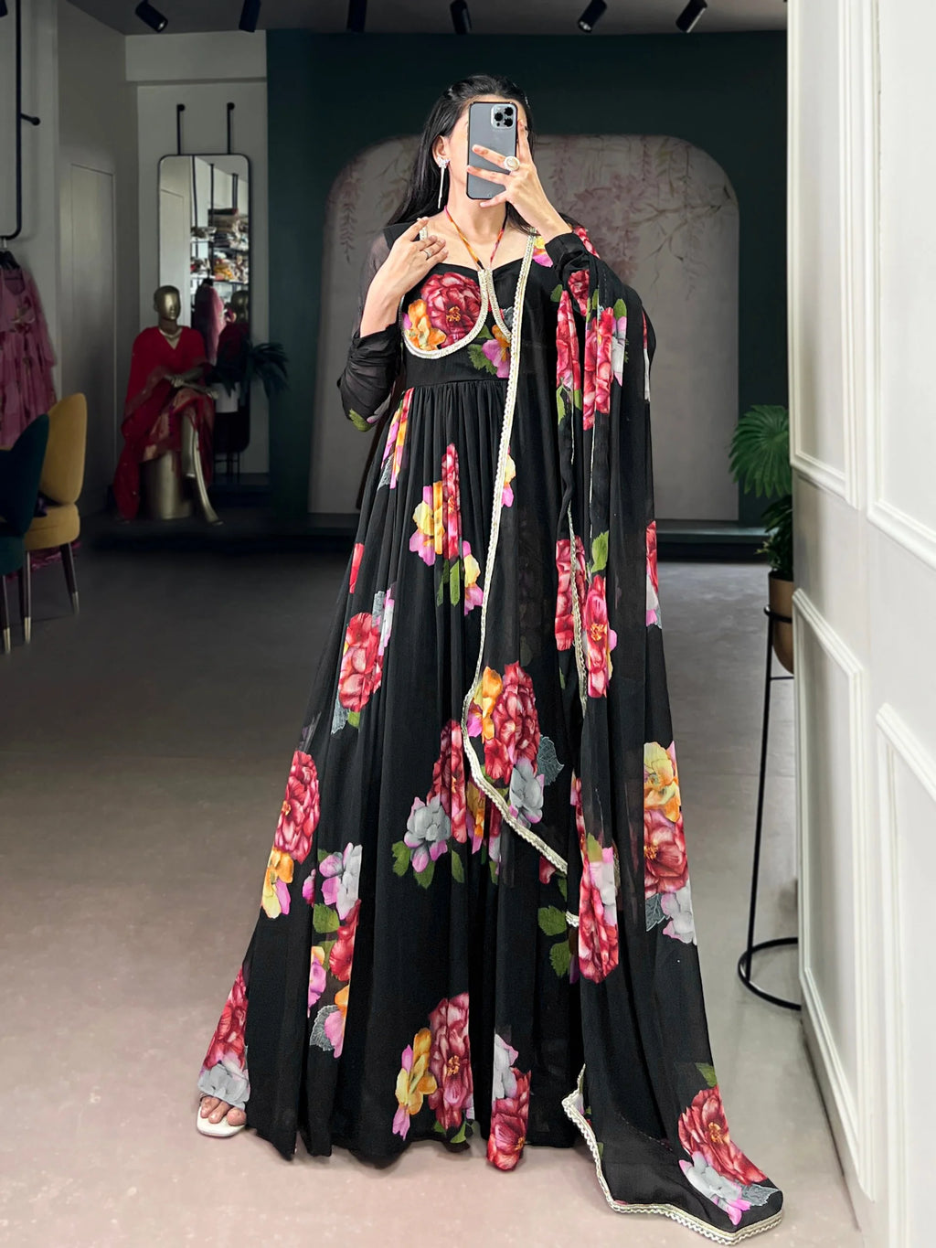 Chiffon Floral Print Gown Set With Lace Dupatta