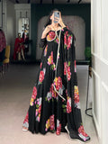 Chiffon Floral Print Gown Set With Lace Dupatta