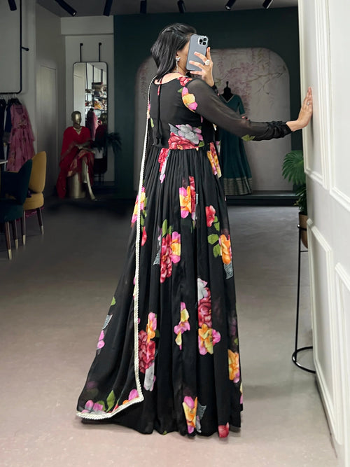 Chiffon Floral Print Gown Set With Lace Dupatta