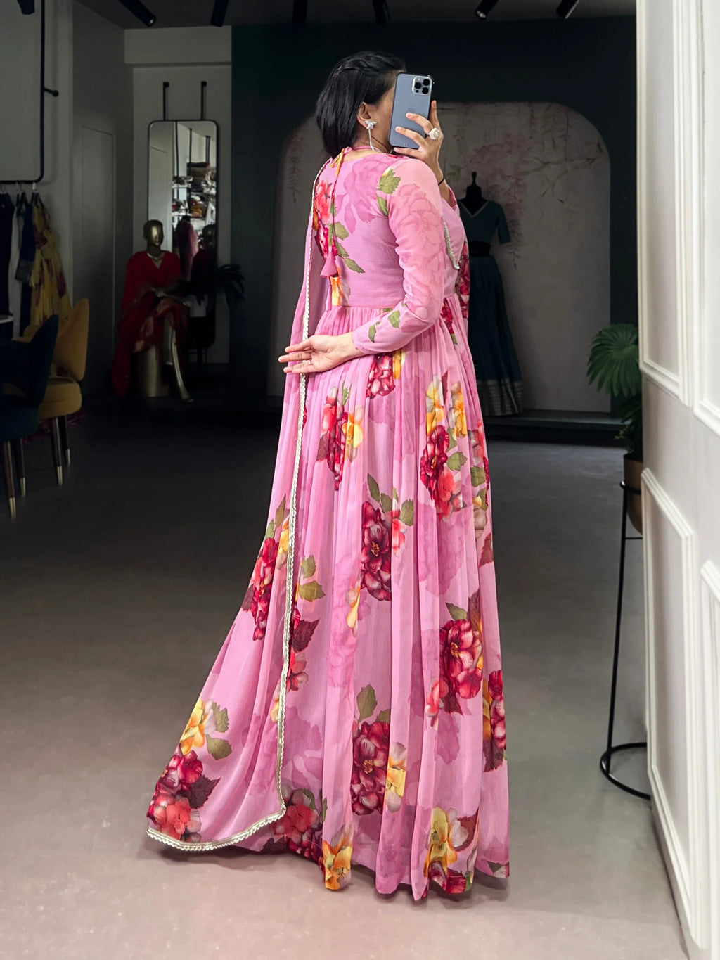 Lightweight Chiffon Floral Gown With Full Sleeves & Lace Touch-Up