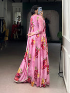 Lightweight Chiffon Floral Gown With Full Sleeves & Lace Touch-Up