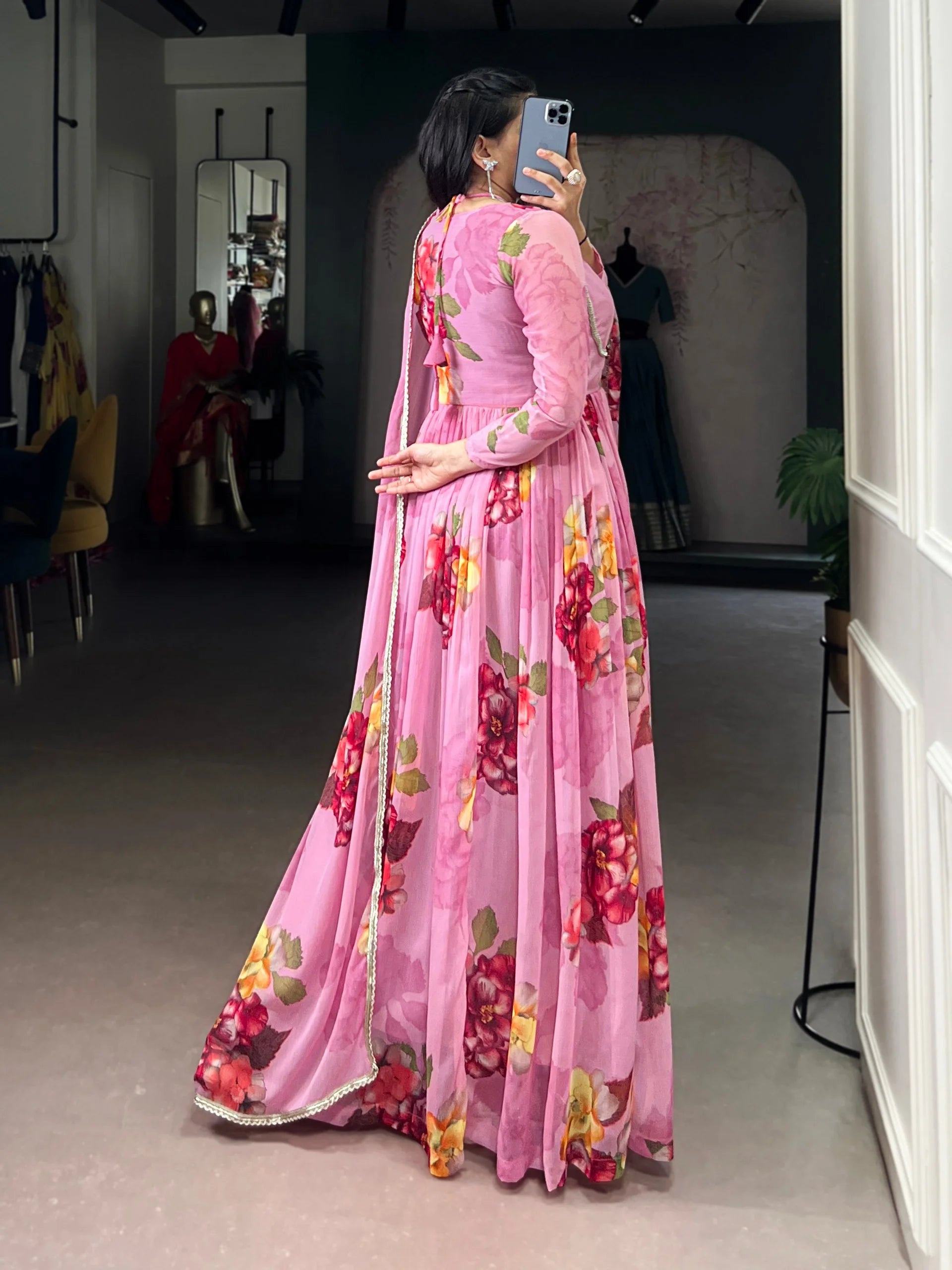 Lightweight Chiffon Floral Gown With Full Sleeves & Lace Touch-Up