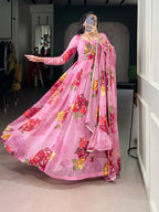 Lightweight Chiffon Floral Gown With Full Sleeves & Lace Touch-Up