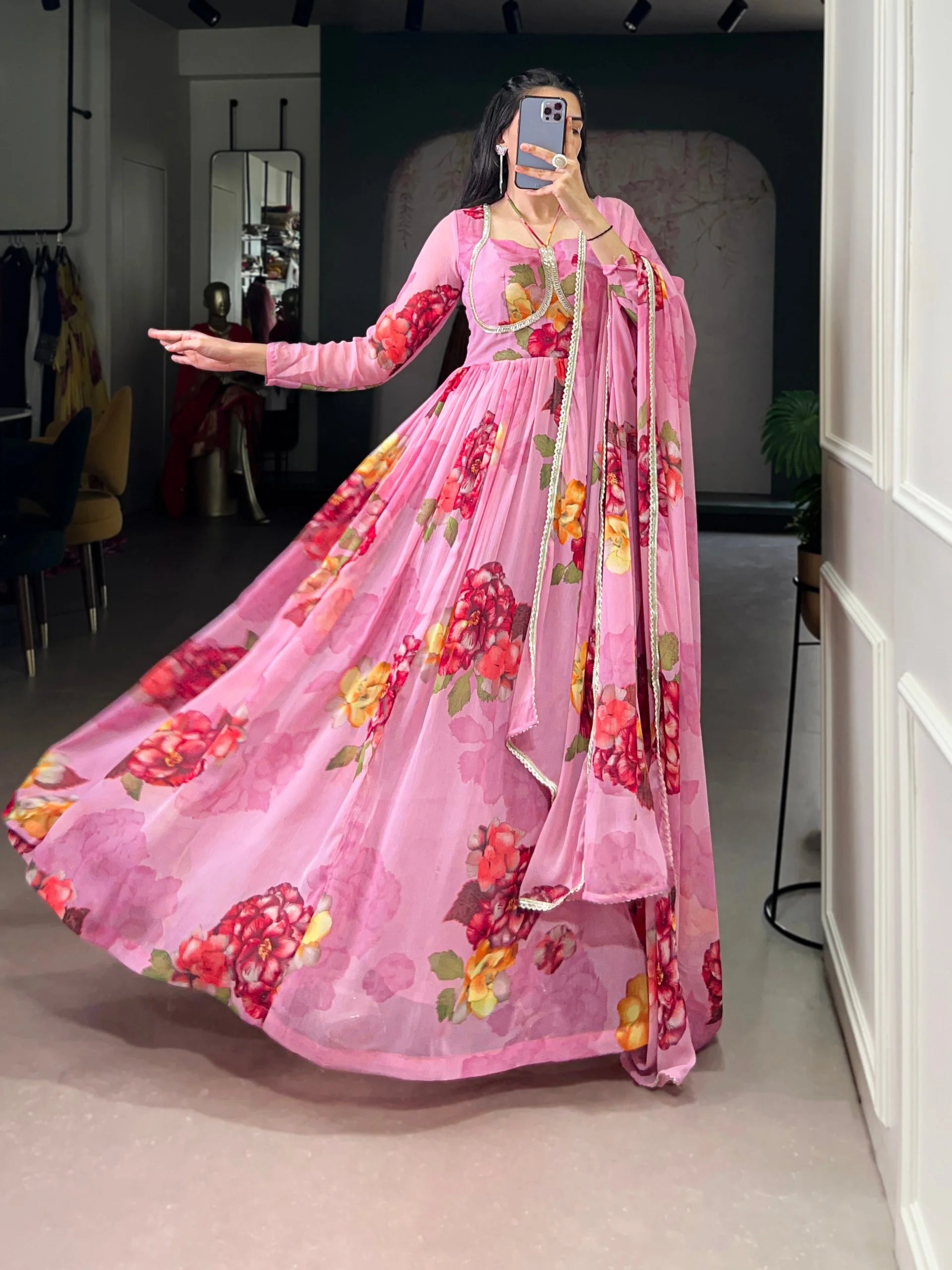 Lightweight Chiffon Floral Gown With Full Sleeves & Lace Touch-Up