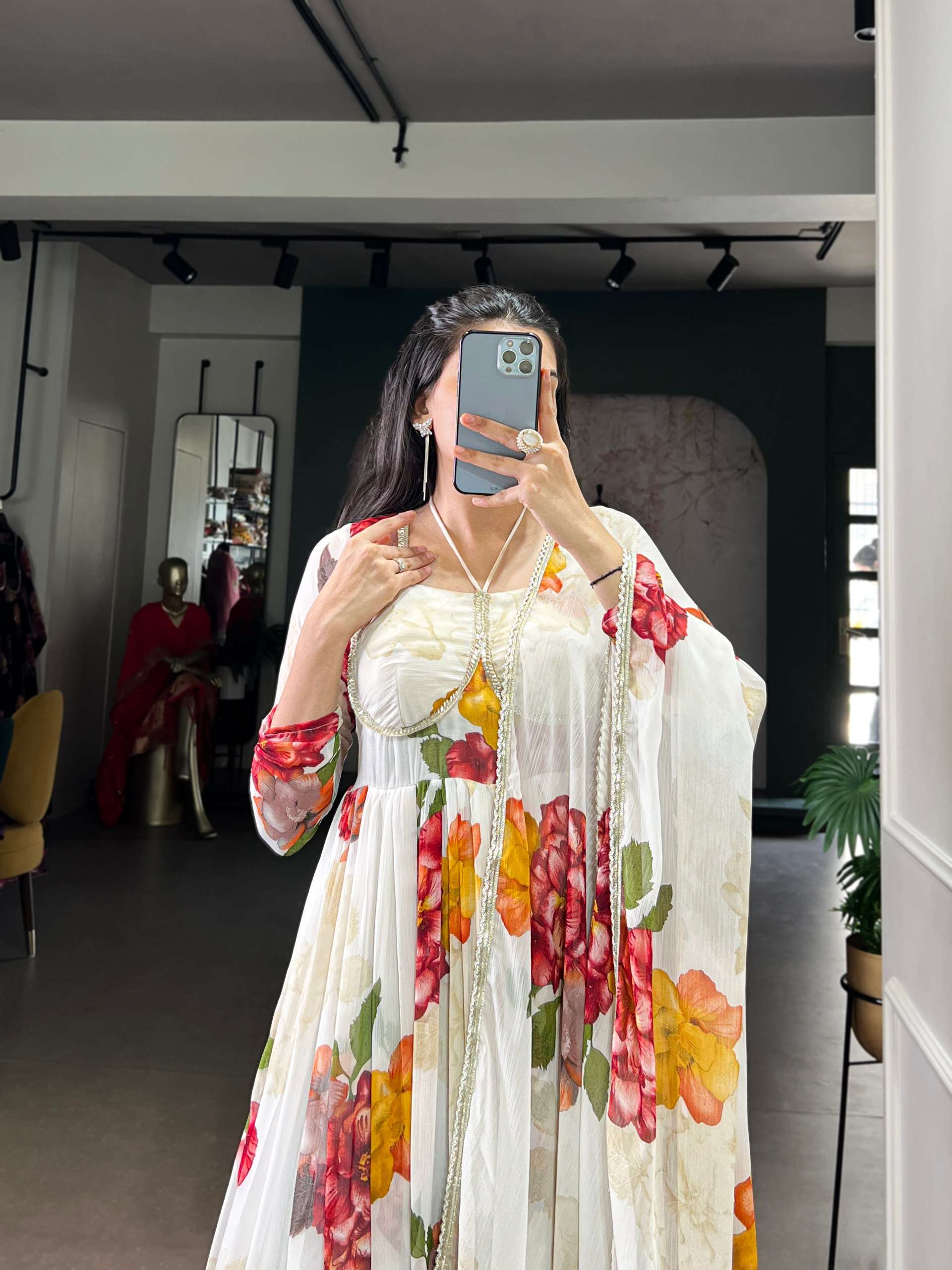 Designer Floral Chiffon Gown with Matching Dupatta