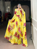 Designer Chiffon Floral Gown with Lace Accents & Printed Dupatta