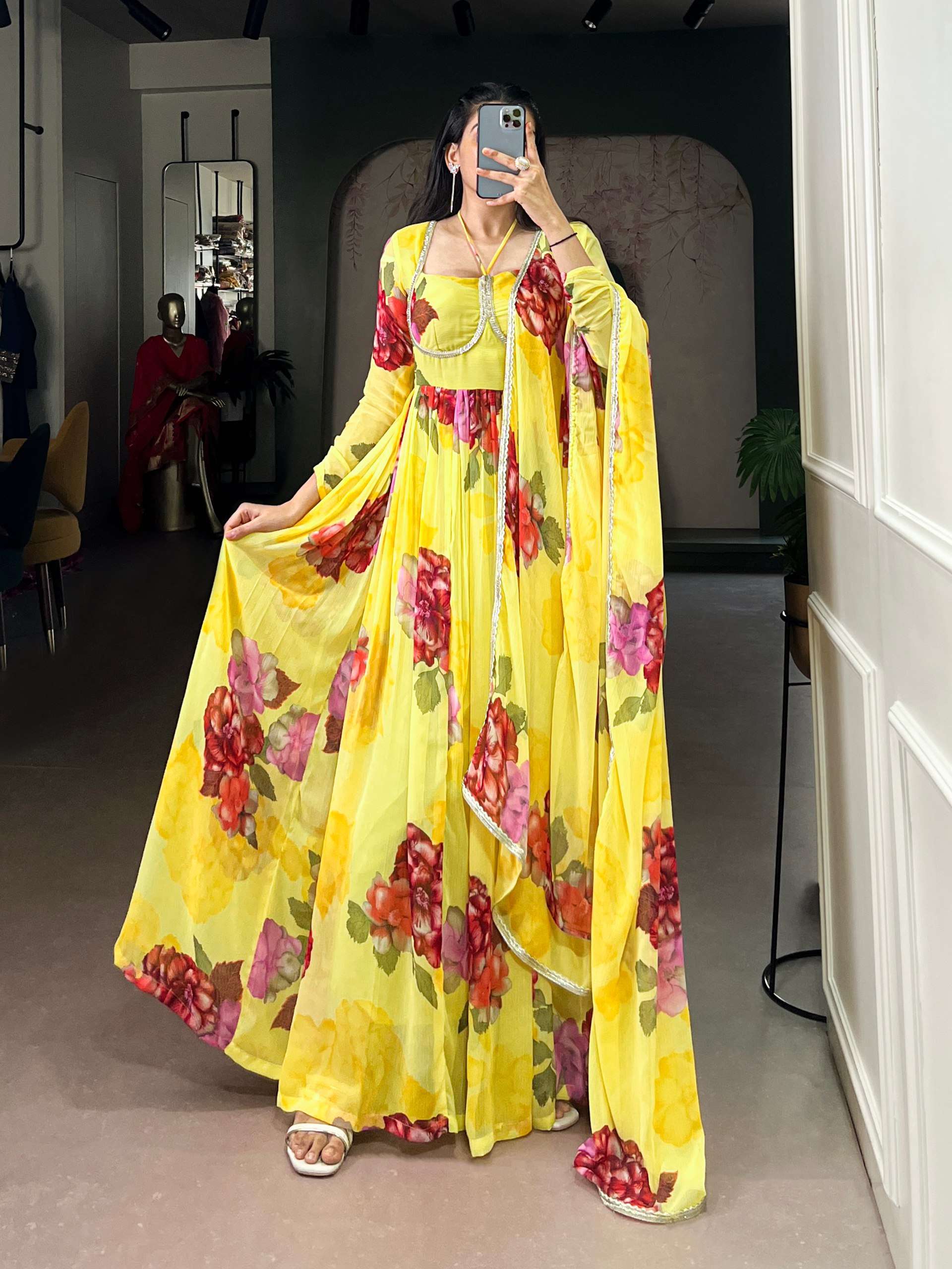 Designer Chiffon Floral Gown with Lace Accents & Printed Dupatta
