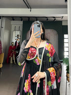 Chiffon Floral Print Gown Set With Lace Dupatta