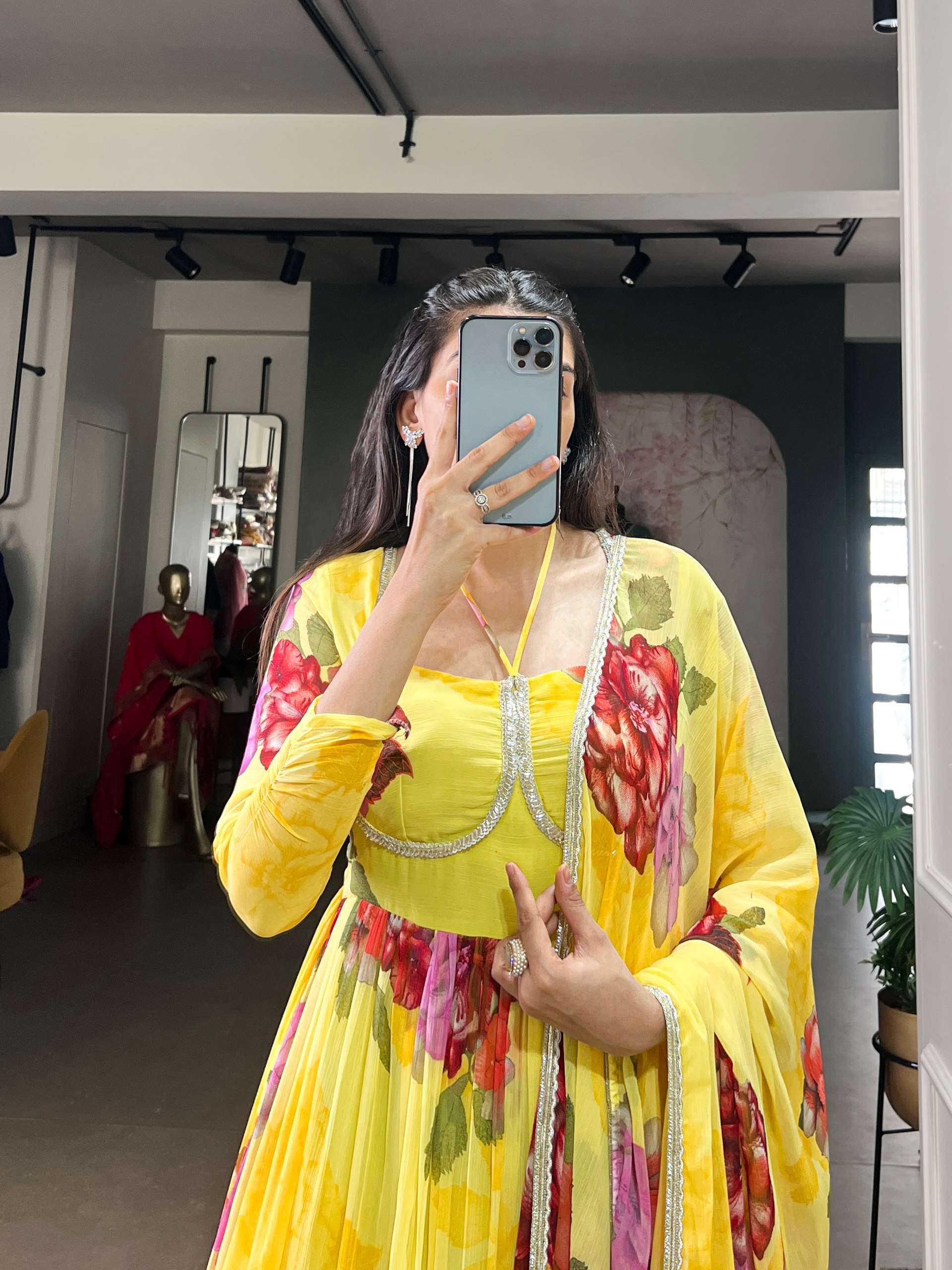 Designer Chiffon Floral Gown with Lace Accents & Printed Dupatta
