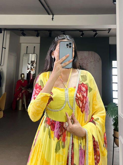 Designer Chiffon Floral Gown with Lace Accents & Printed Dupatta