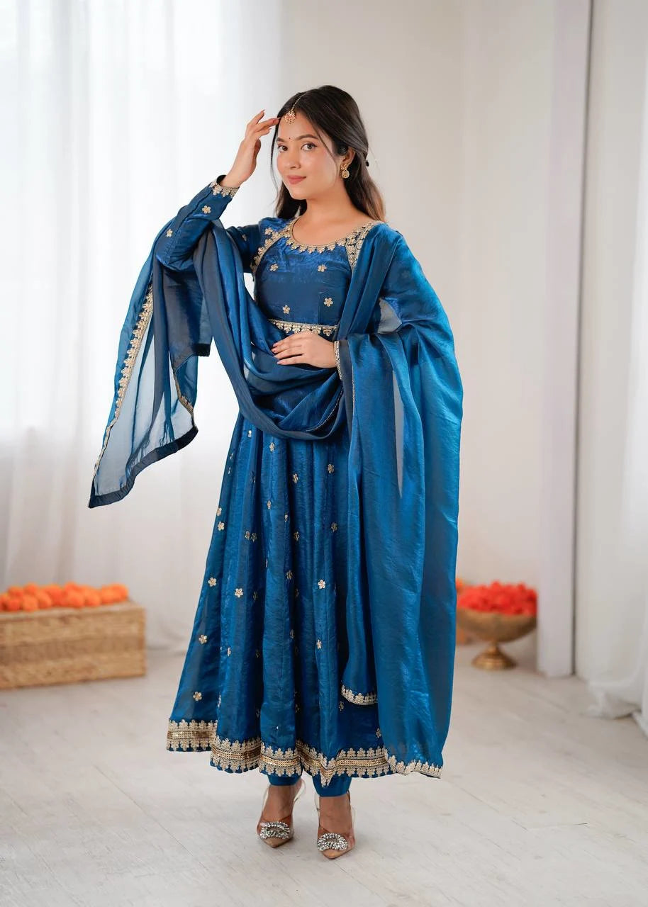 Stunning Teal Blue Gown Outfit with Pent & Dupatta : Classy & Trendy