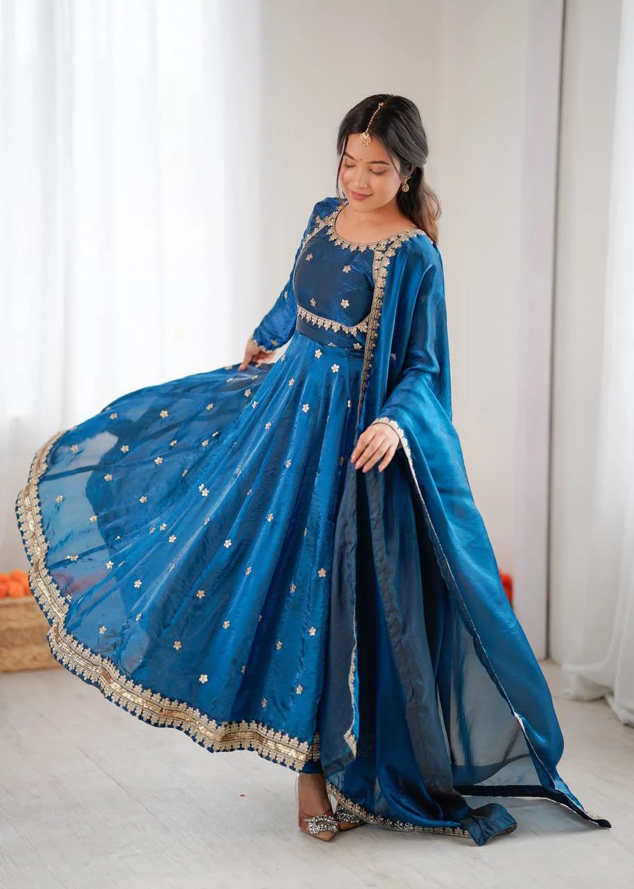 Stunning Teal Blue Gown Outfit with Pent & Dupatta : Classy & Trendy