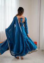 Stunning Teal Blue Gown Outfit with Pent & Dupatta : Classy & Trendy