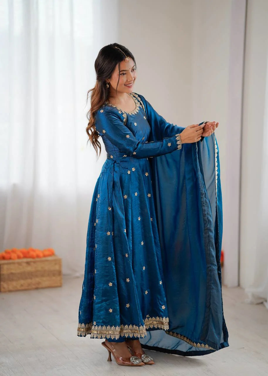 Stunning Teal Blue Gown Outfit with Pent & Dupatta : Classy & Trendy